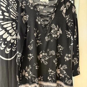 Living Doll Black Floral Lace-Up Blouse